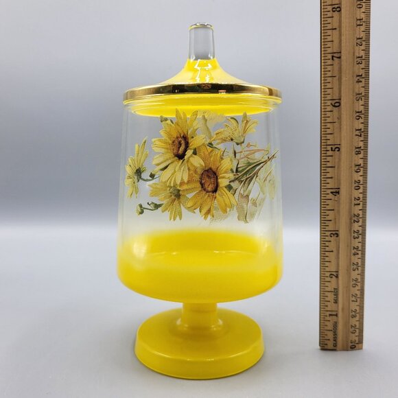 Vintage MCM Footed Glass Vanity Jar with Lid Yellow Floral Sunflower Home Decor - Picture 12 of 12